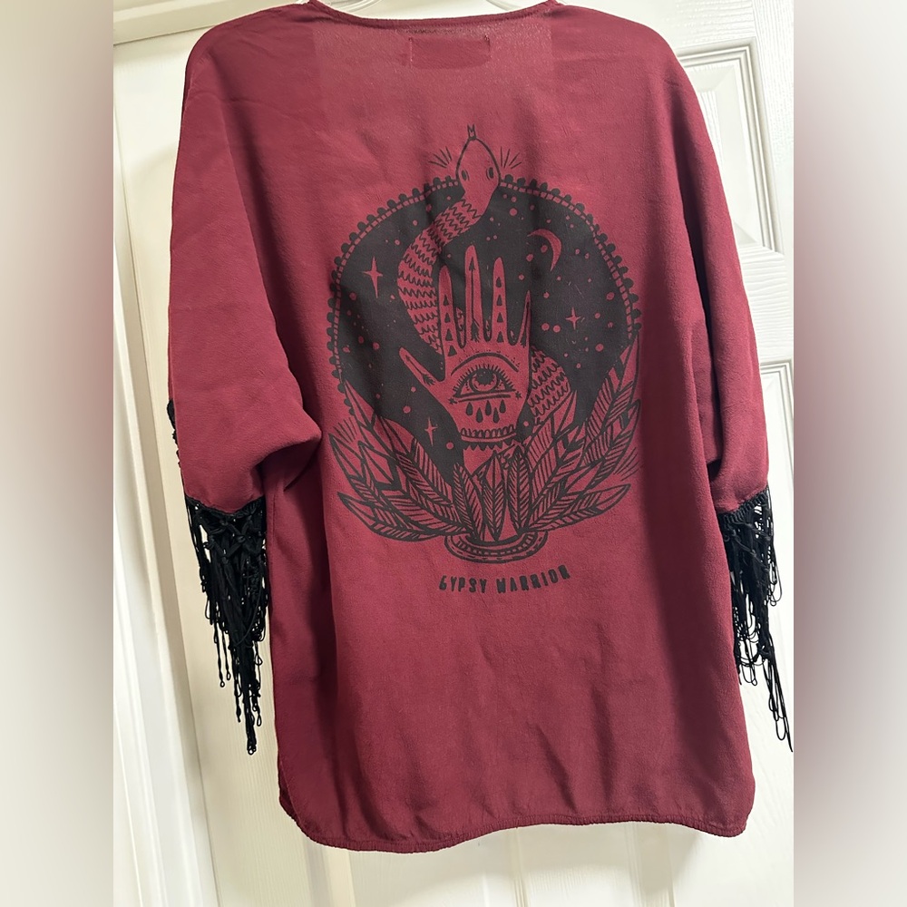 Red Gypsy Warrior Kimono with Black Fringe